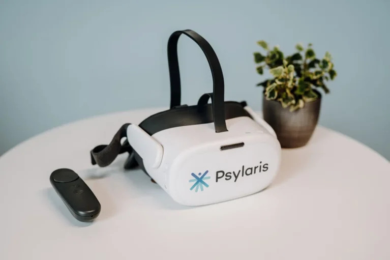 VR-Brille und Fernbedienung auf einem Tisch, daneben eine Topfpflanze.